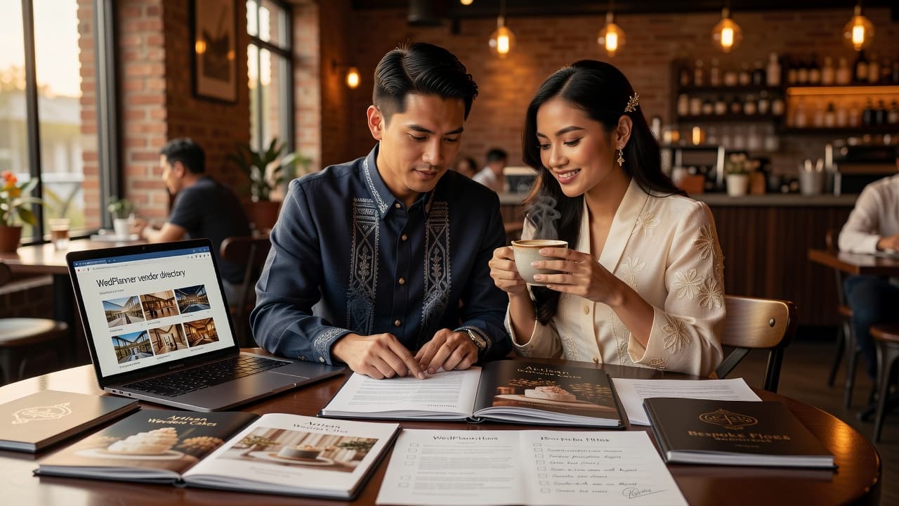 Filipino couple reviewing wedding vendor portfolios and contracts at a coffee shop, with a laptop showing WedPlanner vendor directory, surrounded by supplier brochures and a checklist
