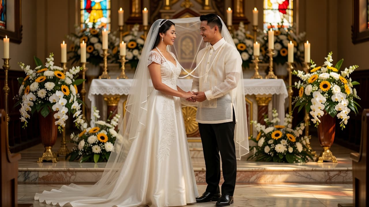 Filipino bride and groom holding hands at wedding altar with traditional cord and veil ceremony elements