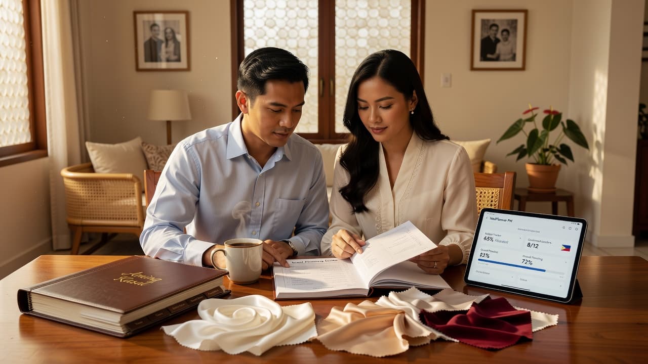 Filipino couple reviewing their kasal planning guide checklist at a wooden table, with a wedding binder, fabric swatches, and a tablet showing WedPlanner PH dashboard — warm natural lighting, modern Filipino home setting