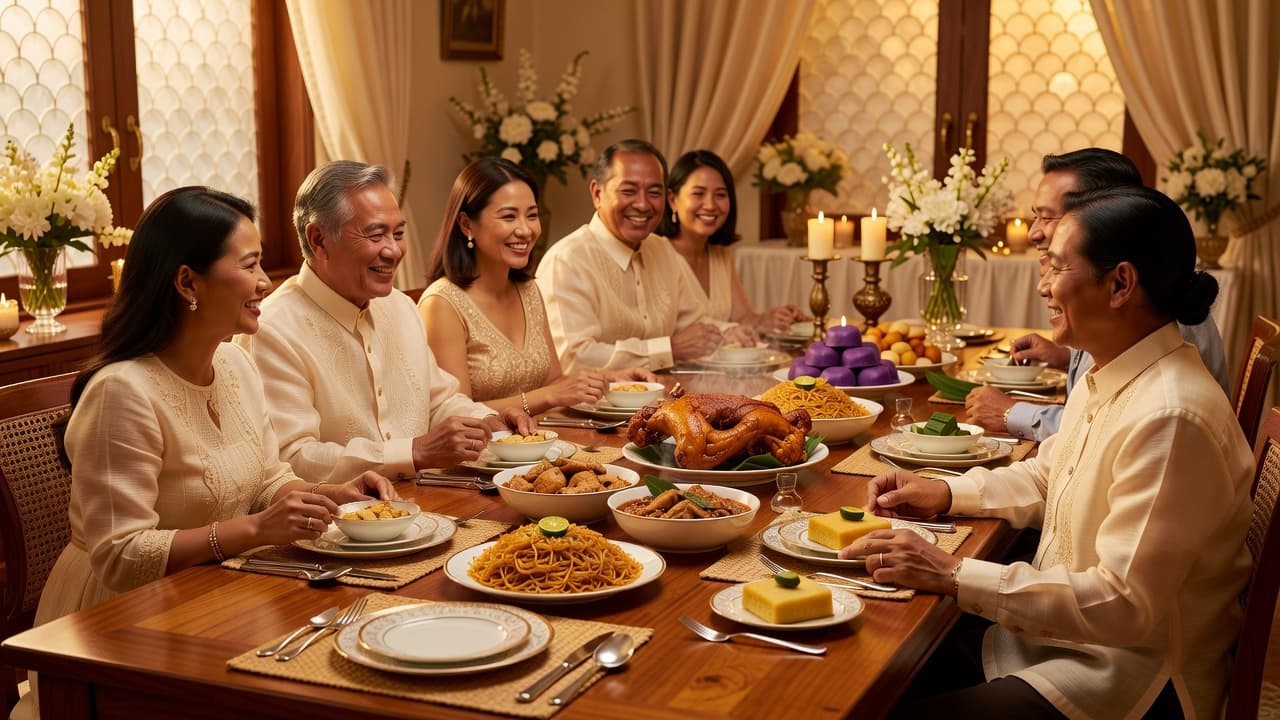 Filipino family gathering around a dining table with traditional food offerings for a pamamanhikan ceremony