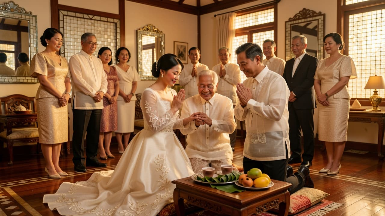 Pamamanhikan family blessing moment in the Philippines with respectful greetings