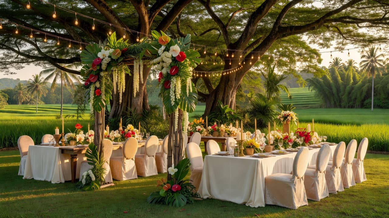 A picturesque garden wedding reception in Pampanga with century-old acacia trees, string lights, and a wedding arch overlooking lush Central Luzon greenery — representing the rising wedding destination of the Philippines