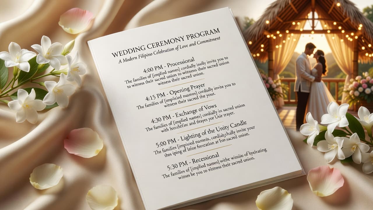 Modern Filipino wedding program layout with clear ceremony timing, respectful wording, and easy-to-read typography