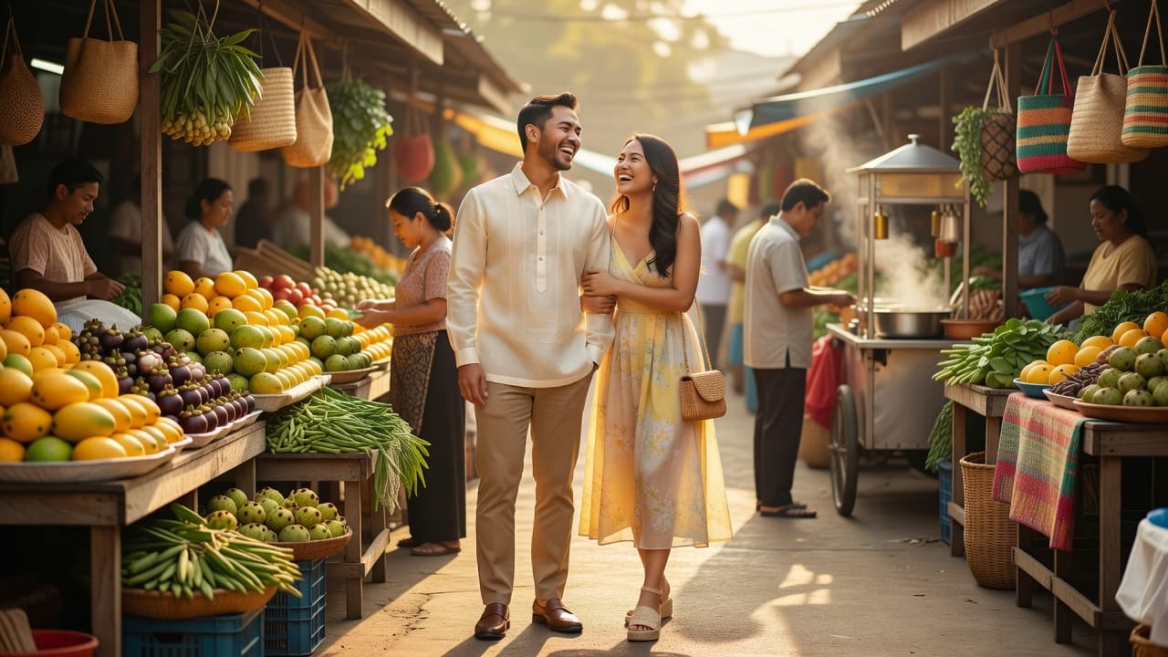 Filipino couple in casual outfits laughing together at a vibrant public market palengke during early morning light