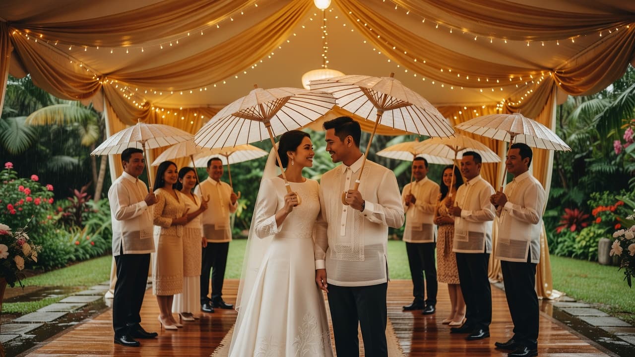 Couple and guests holding payong umbrellas under a covered tent during a Philippine rainy-season wedding