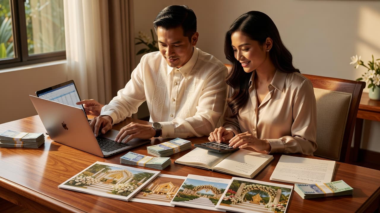 Filipino couple reviewing wedding budget on a laptop with a calculator, peso bills, and wedding planning materials on a wooden table, warm natural lighting