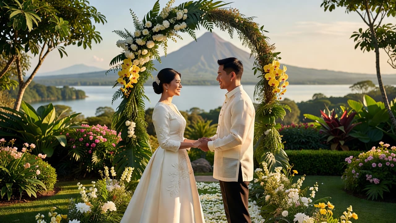 A Filipino couple exchanging vows at a Tagaytay garden wedding venue with panoramic Taal Lake and Volcano views in the background, cool mountain breeze, and lush greenery framing the outdoor ceremony setup
