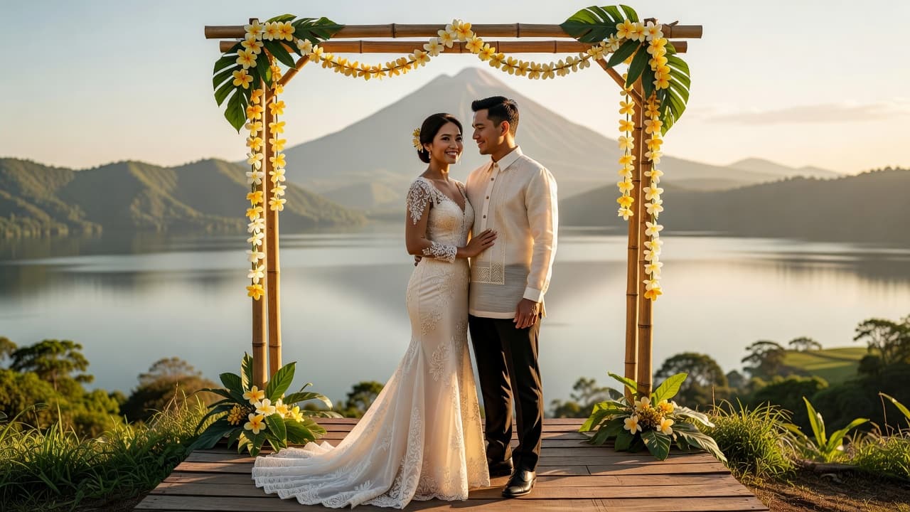 Bride and groom at a Tagaytay wedding viewpoint with Taal Lake in the background, budget-friendly styling and warm lighting