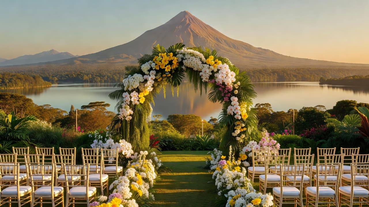 Panoramic view of Taal Lake and Taal Volcano from a Tagaytay wedding venue garden, featuring a wedding ceremony setup with white chairs and floral arch against the iconic lake backdrop