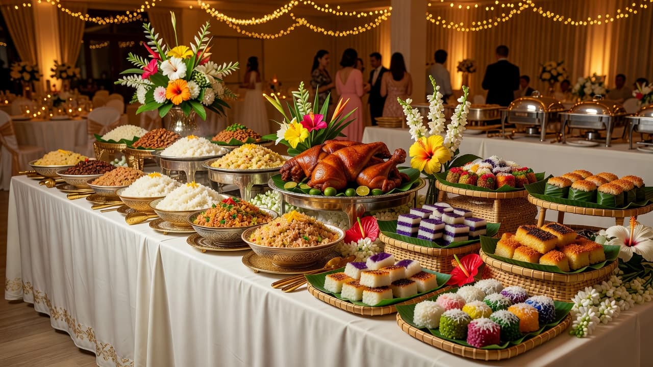 Filipino wedding buffet setup with lechon, rice dishes, and traditional kakanin desserts for 300 guests