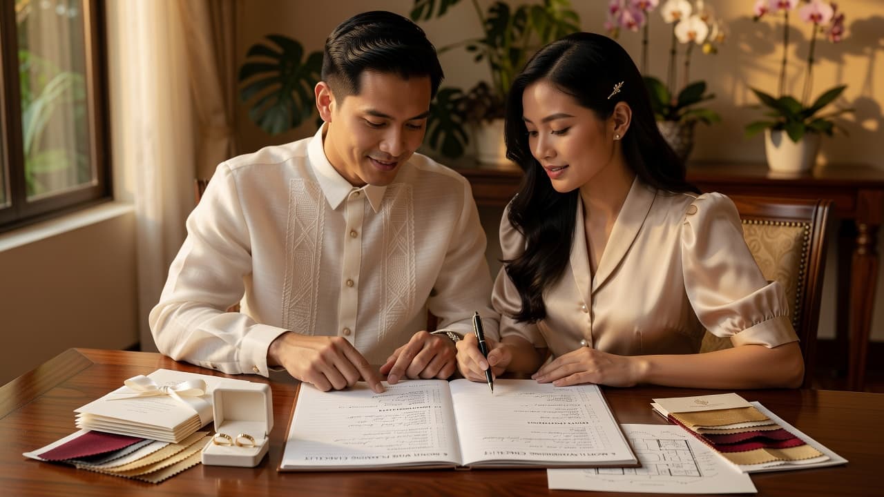 Filipino couple checking their 6-month wedding planning checklist with venue and vendor notes on a table