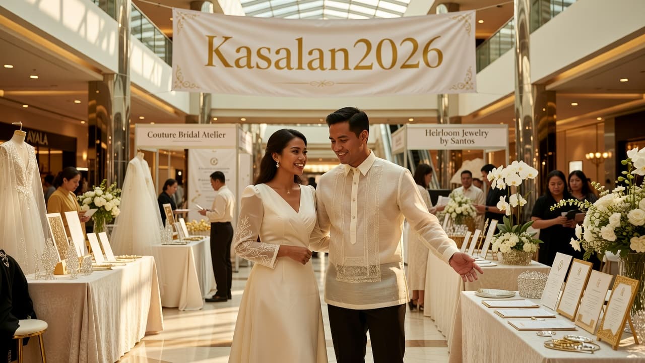 Filipino couple exploring wedding supplier booths at a Philippine bridal expo with Kasalan2026 banner and Ayala Mall venue in background