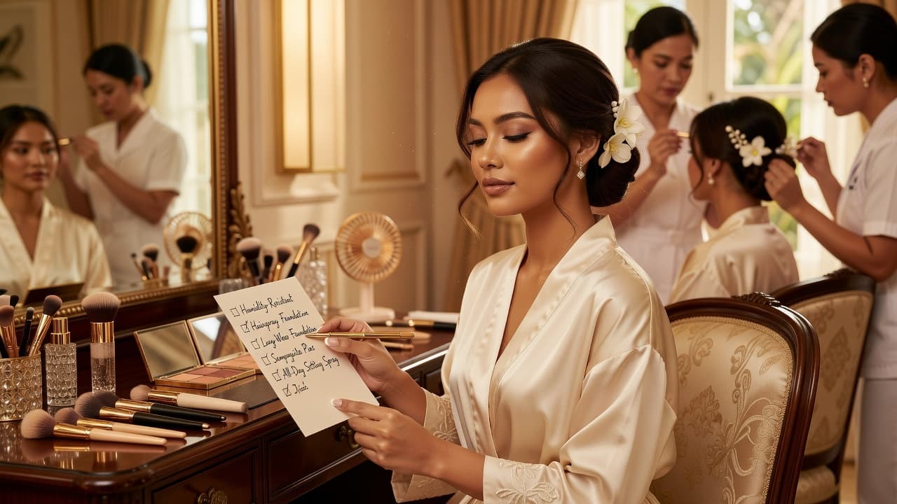 Bride doing a trial run of wedding hair and makeup with a checklist, designed for humid Philippines all-day wear