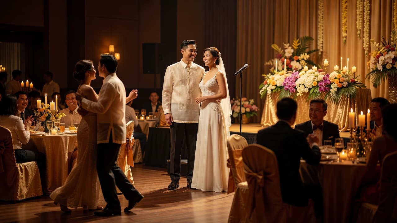 Couple and guests at an indoor Philippine wedding reception with warm lighting on the stage and balanced sound for speeches and dancing