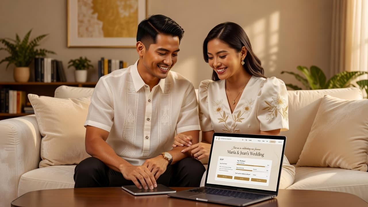 Filipino couple smiling while setting up their wedding website on a laptop, with digital invitation and RSVP dashboard visible on screen — warm, modern, and inviting aesthetic